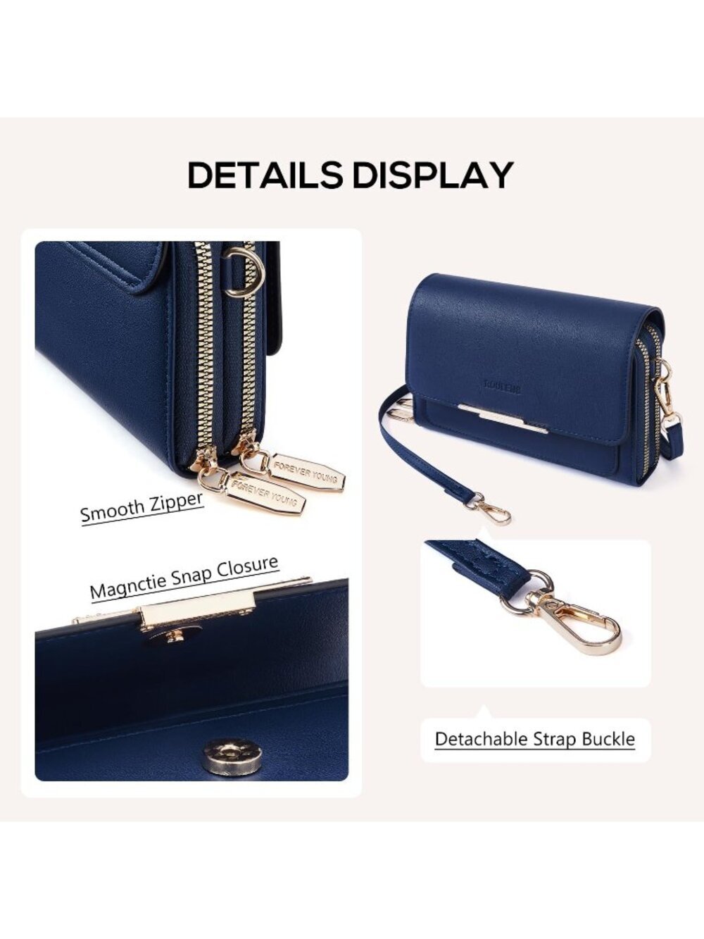 Roulens Women's Navy Blue Pu Leather Small Shoulder Purse with Credit Card Slots - Picture 6 of 6